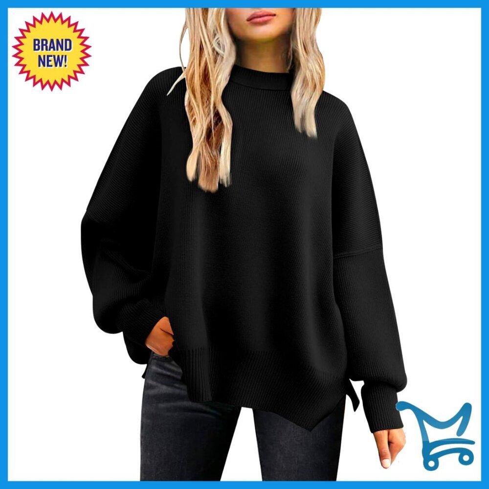 Oversized Batwing Sweater Crewneck Knit Pullover Side Slit Tops